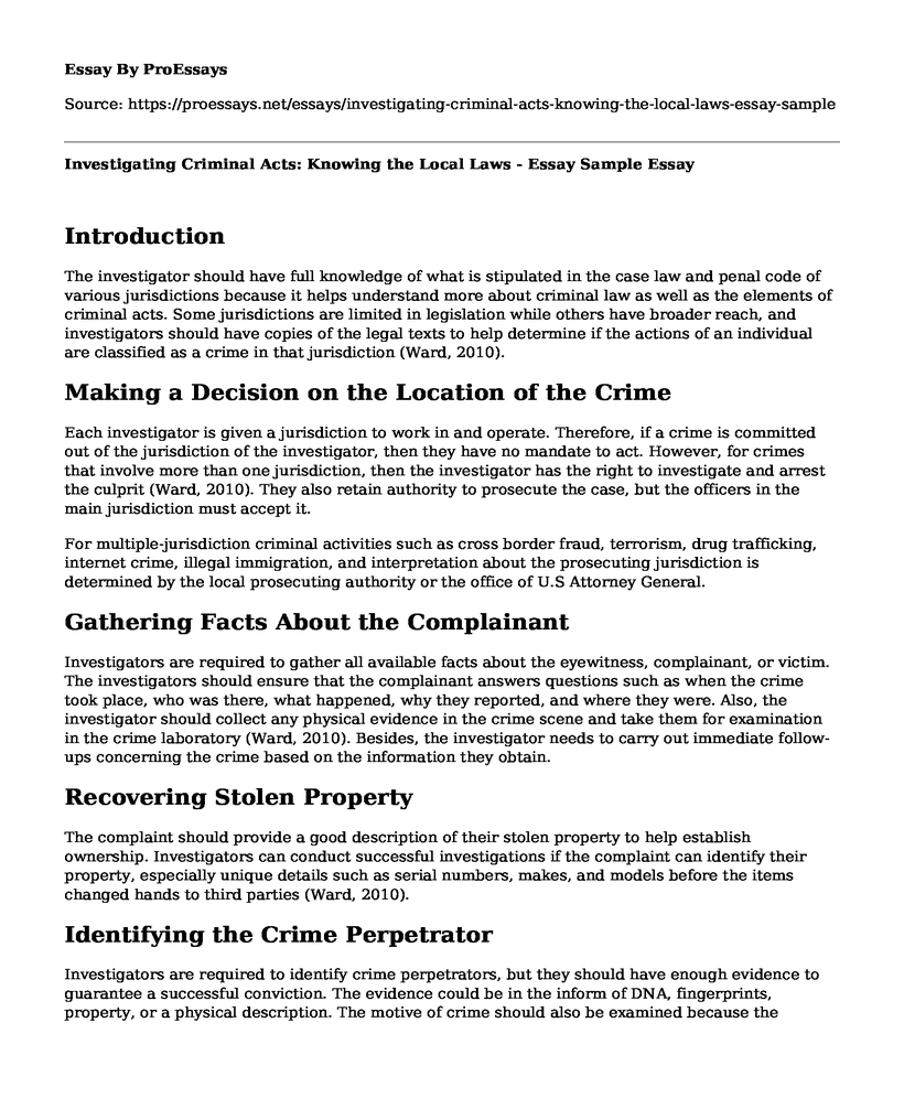 Investigating Criminal Acts: Knowing the Local Laws - Essay Sample
