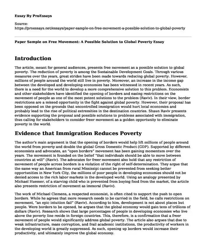 Paper Sample on Free Movement: A Possible Solution to Global Poverty
