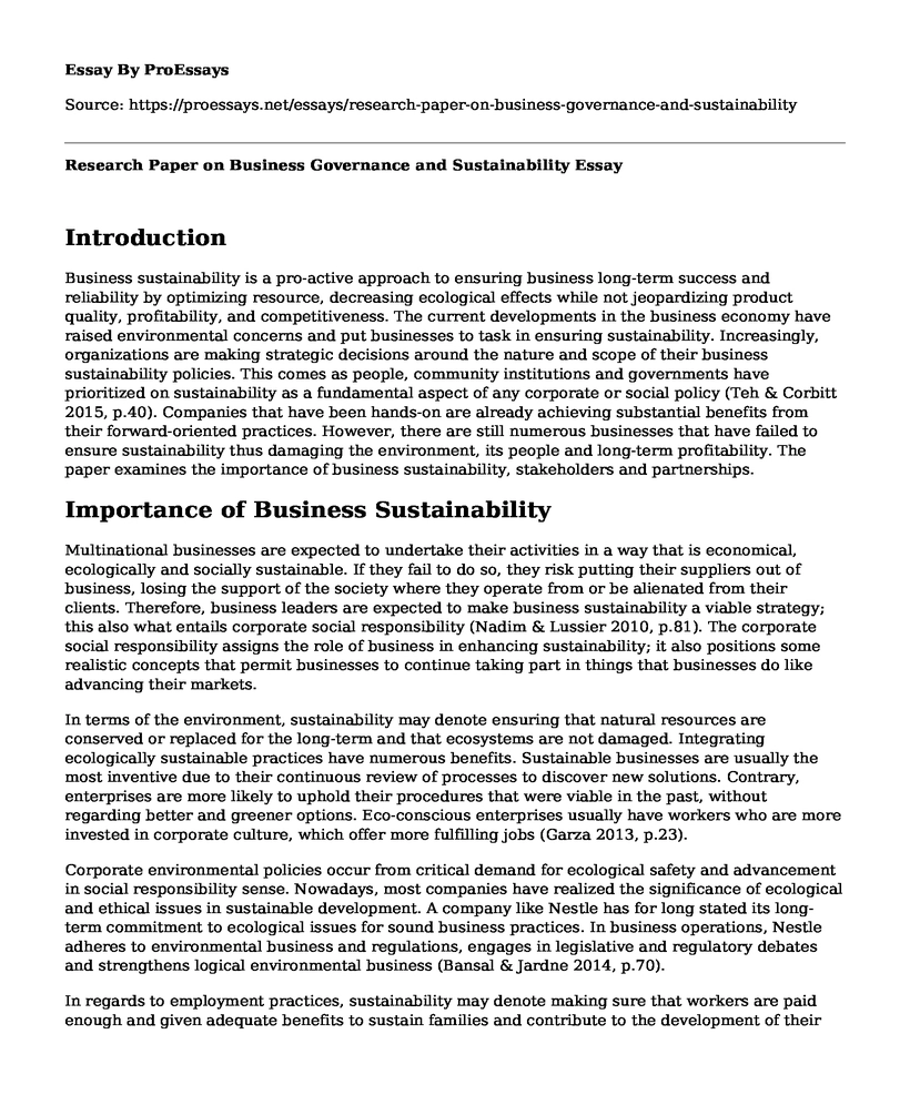 Research Paper on Business Governance and Sustainability