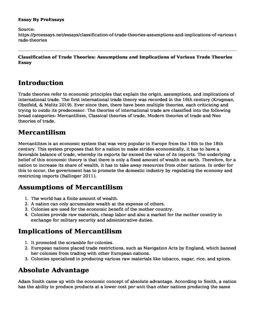 Classification of Trade Theories: Assumptions and Implications of Various Trade Theories