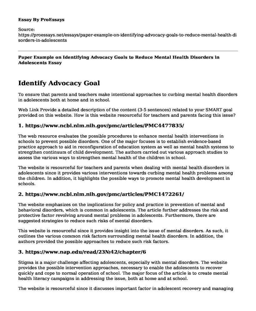 Paper Example on Identifying Advocacy Goals to Reduce Mental Health Disorders in Adolescents
