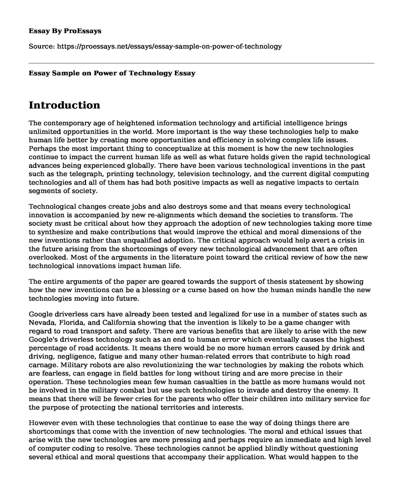 Essay Sample on Power of Technology