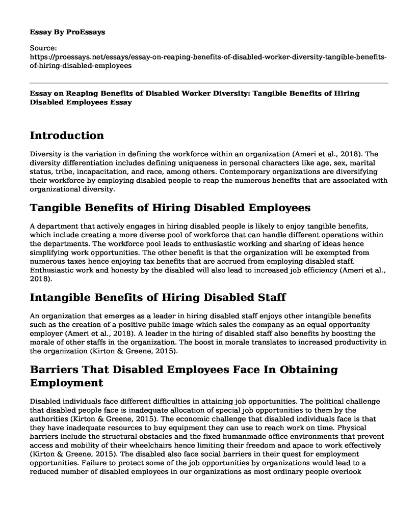 Essay on Reaping Benefits of Disabled Worker Diversity: Tangible Benefits of Hiring Disabled Employees