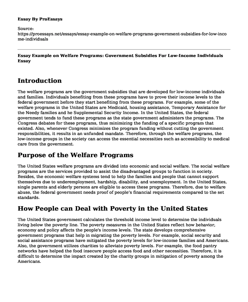 Essay Example on Welfare Programs: Government Subsidies For Low-Income Individuals