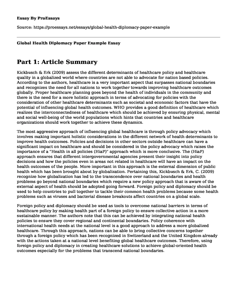 Global Health Diplomacy Paper Example