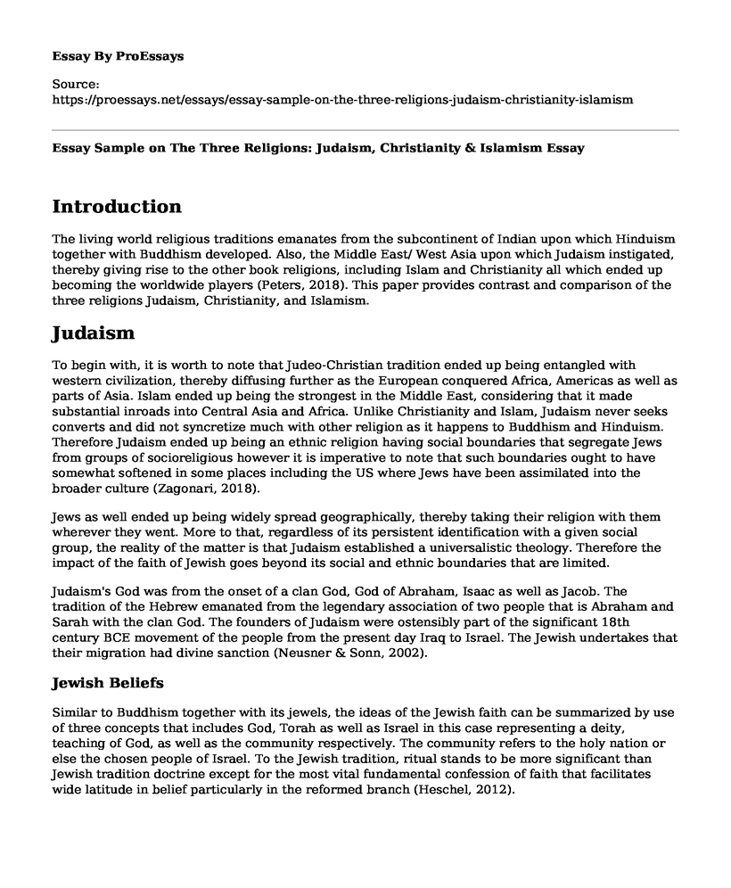 Essay Sample on The Three Religions: Judaism, Christianity & Islamism