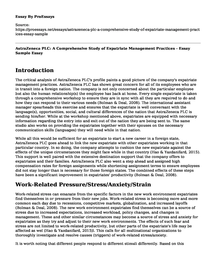 AstraZeneca PLC: A Comprehensive Study of Expatriate Management Practices - Essay Sample