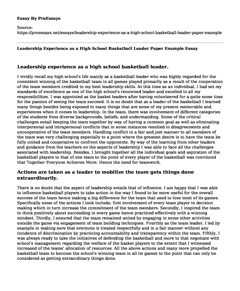 Leadership Experience as a High School Basketball Leader Paper Example