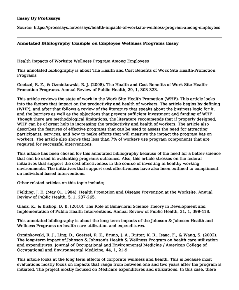 Annotated Bibliography Example on Employee Wellness Programs