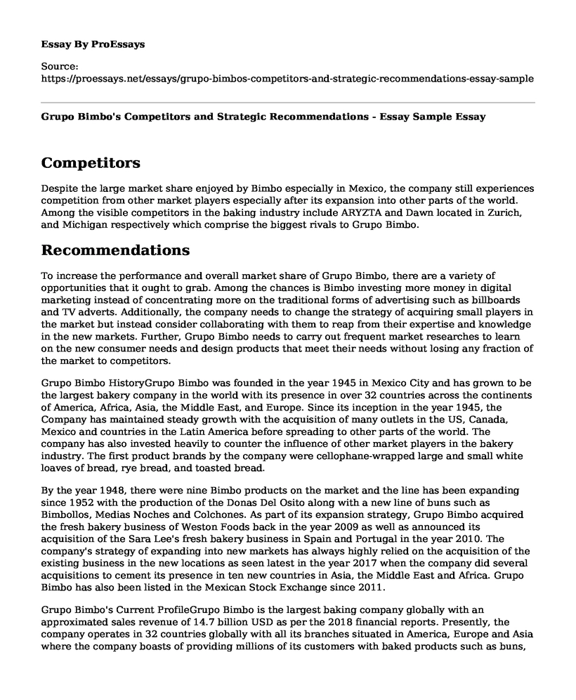 Grupo Bimbo's Competitors and Strategic Recommendations - Essay Sample