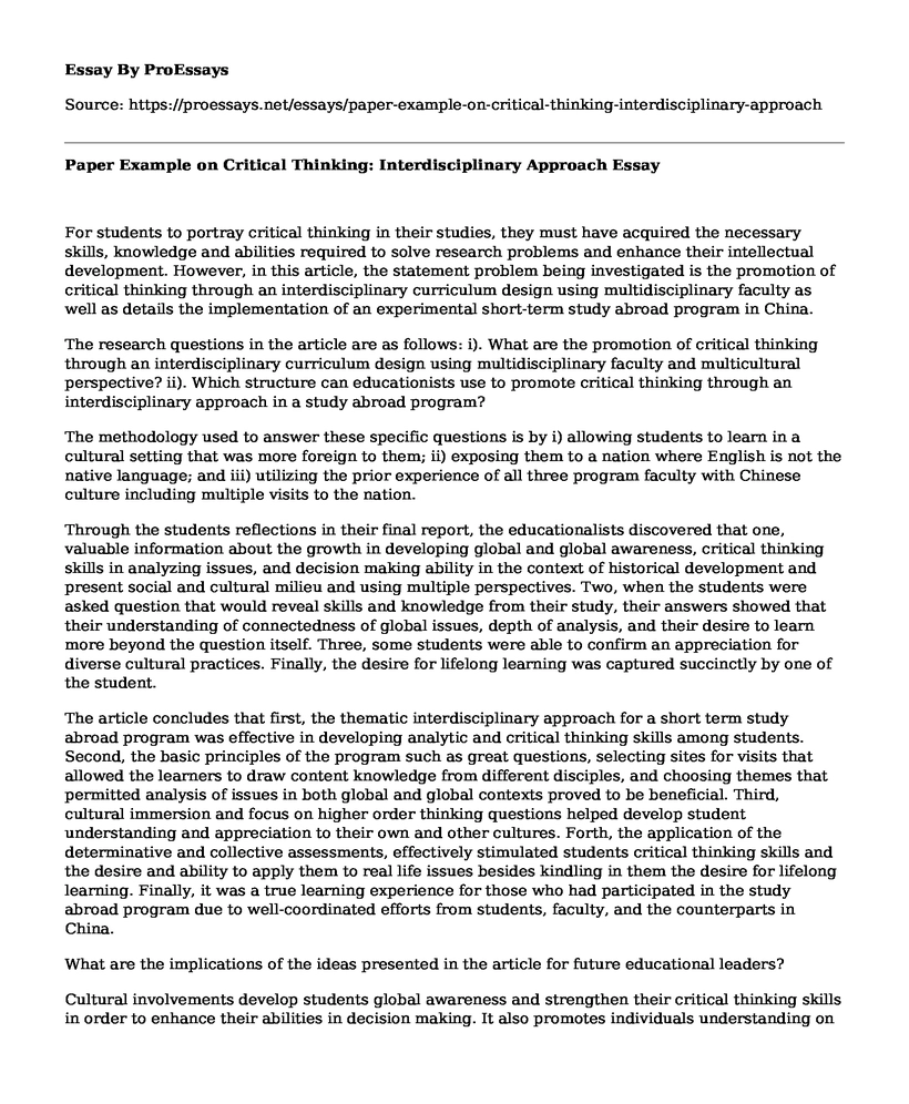 Paper Example on Critical Thinking: Interdisciplinary Approach