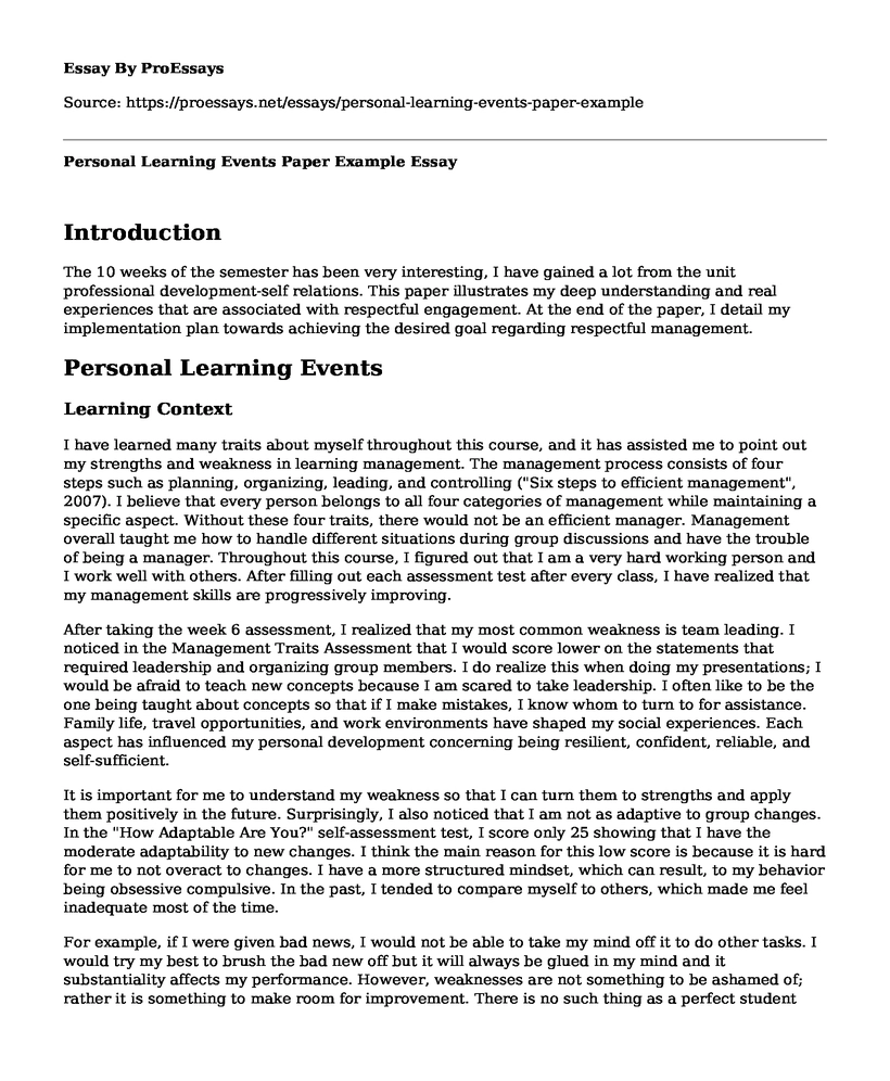Personal Learning Events Paper Example