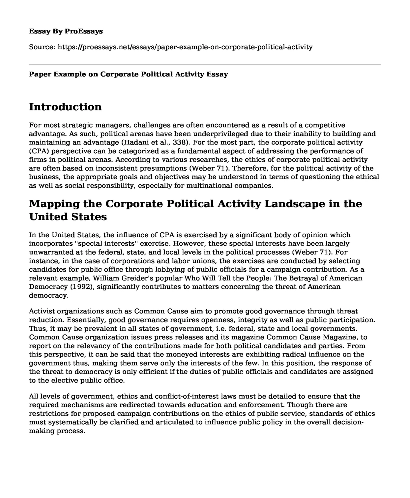 Paper Example on Corporate Political Activity