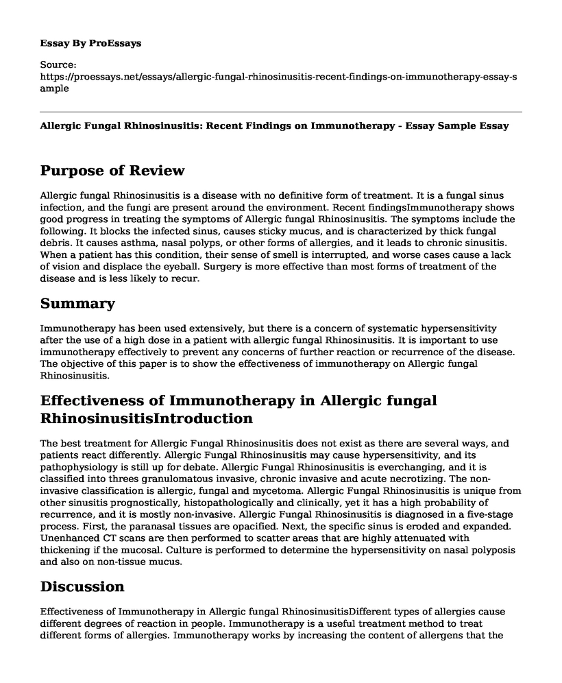 Allergic Fungal Rhinosinusitis: Recent Findings on Immunotherapy - Essay Sample