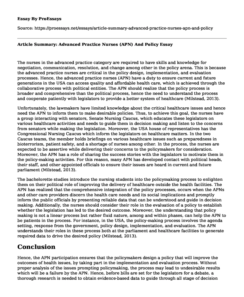 Article Summary: Advanced Practice Nurses (APN) And Policy