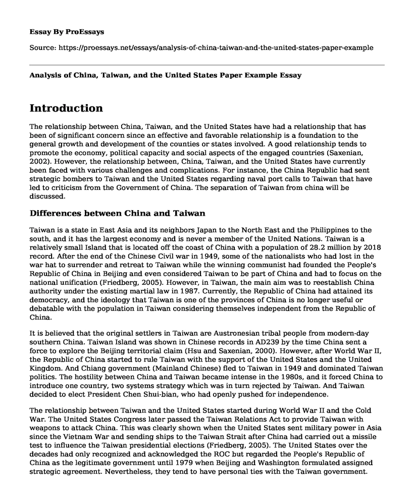 Analysis of China, Taiwan, and the United States Paper Example