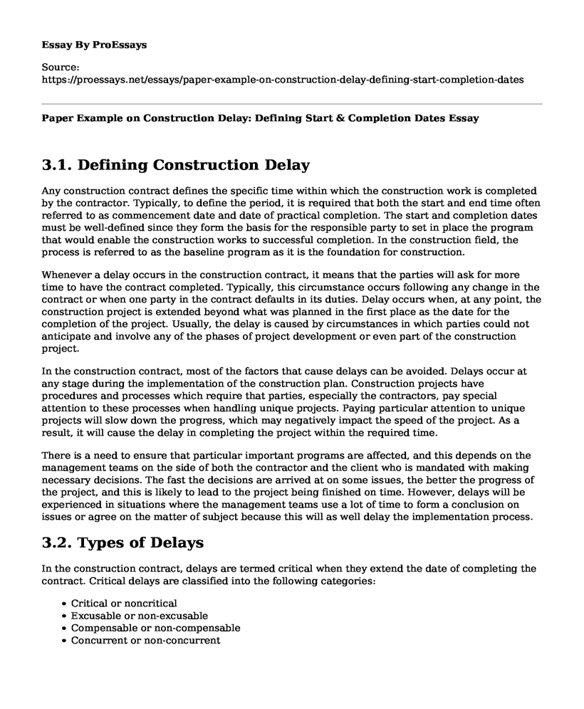 Paper Example on Construction Delay: Defining Start & Completion Dates
