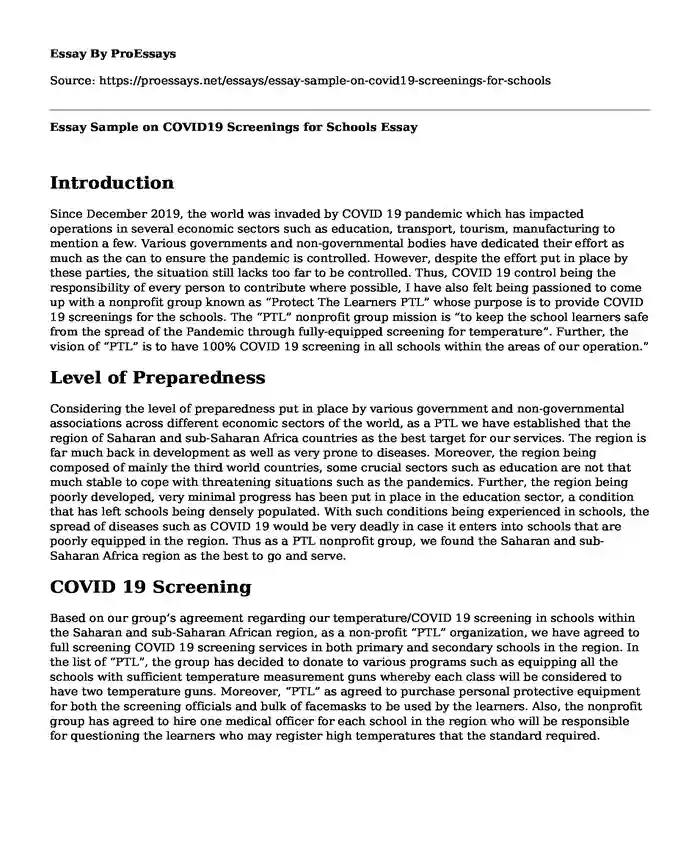 Essay Sample on COVID19 Screenings for Schools