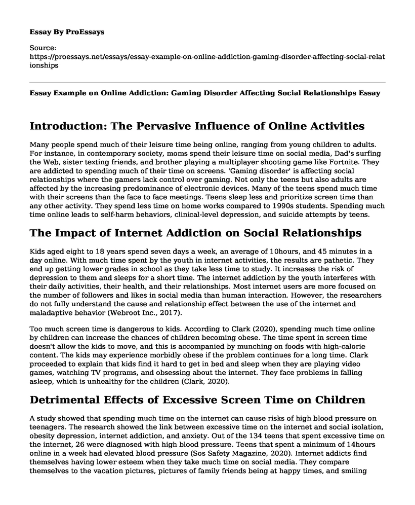 Essay Example on Online Addiction: Gaming Disorder Affecting Social Relationships