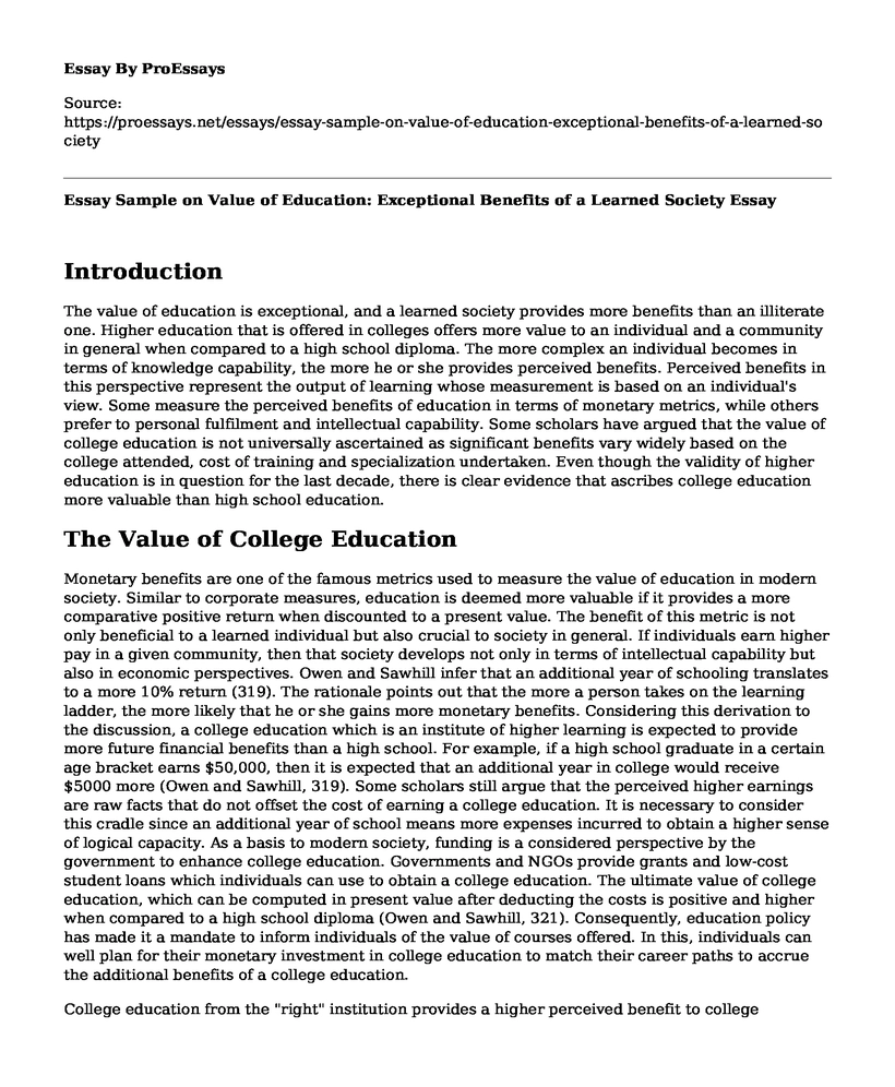 Essay Sample on Value of Education: Exceptional Benefits of a Learned Society