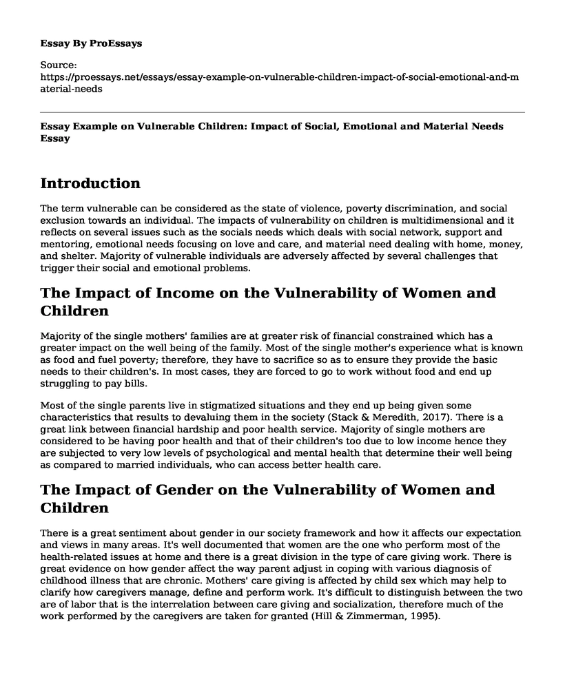 Essay Example on Vulnerable Children: Impact of Social, Emotional and Material Needs