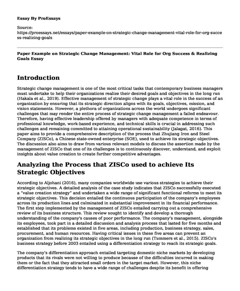 Paper Example on Strategic Change Management: Vital Role for Org Success & Realizing Goals