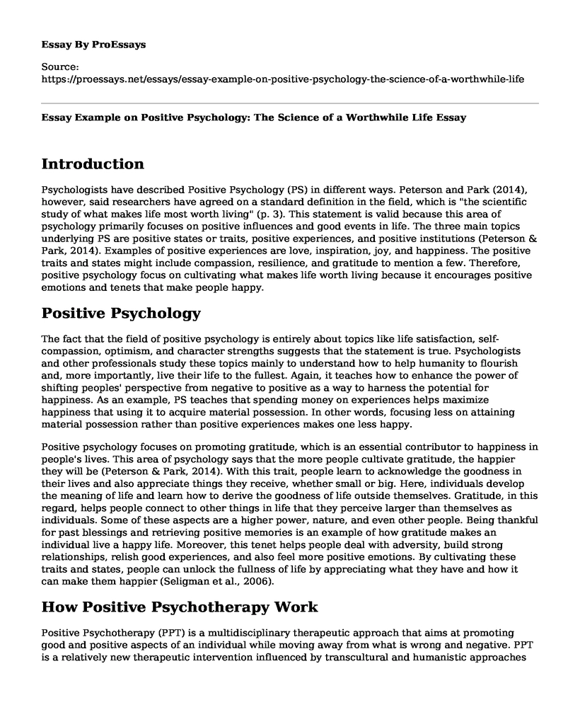 Essay Example on Positive Psychology: The Science of a Worthwhile Life