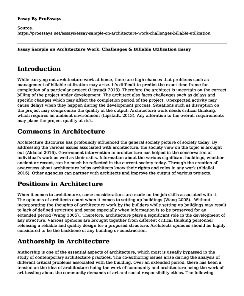 Essay Sample on Architecture Work: Challenges & Billable Utilization