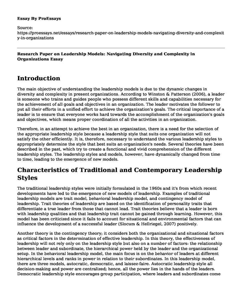 Research Paper on Leadership Models: Navigating Diversity and Complexity in Organizations