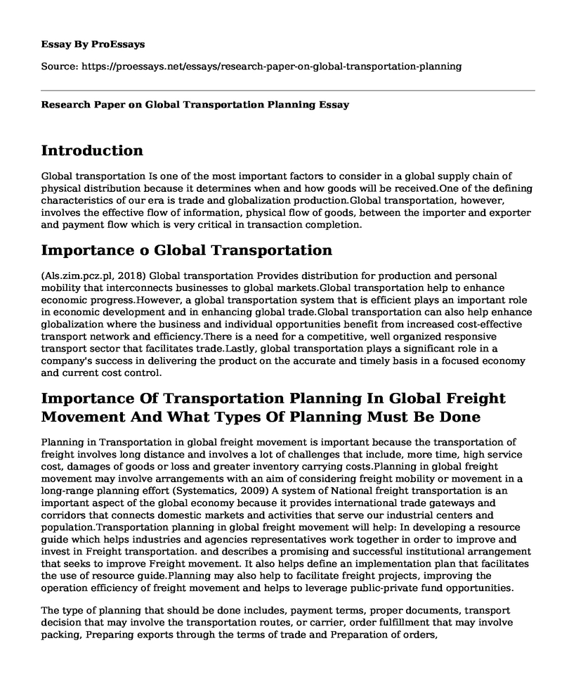 Research Paper on Global Transportation Planning