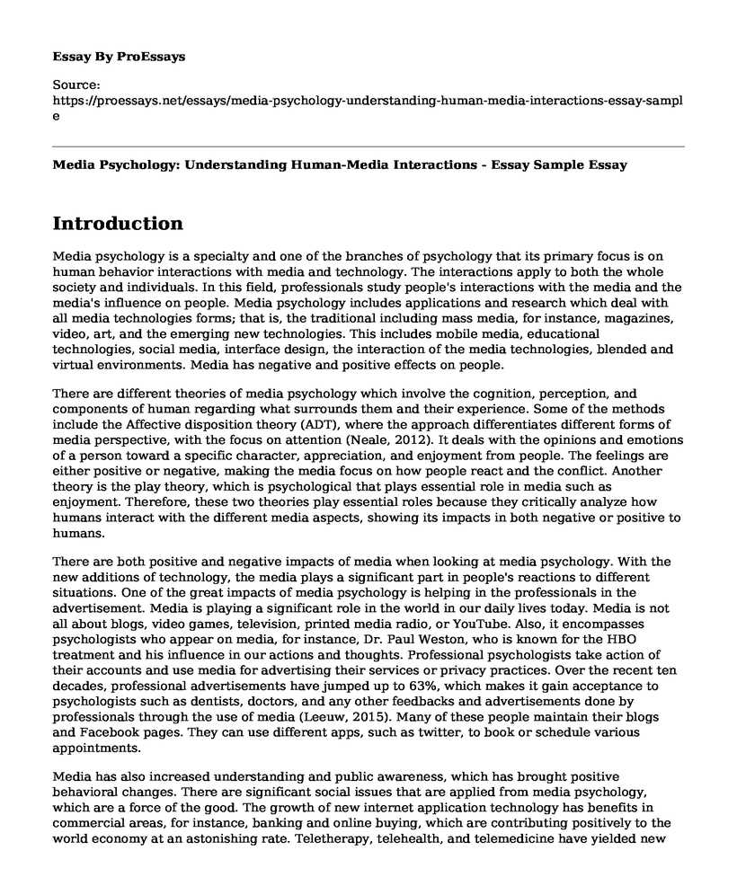 Media Psychology: Understanding Human-Media Interactions - Essay Sample