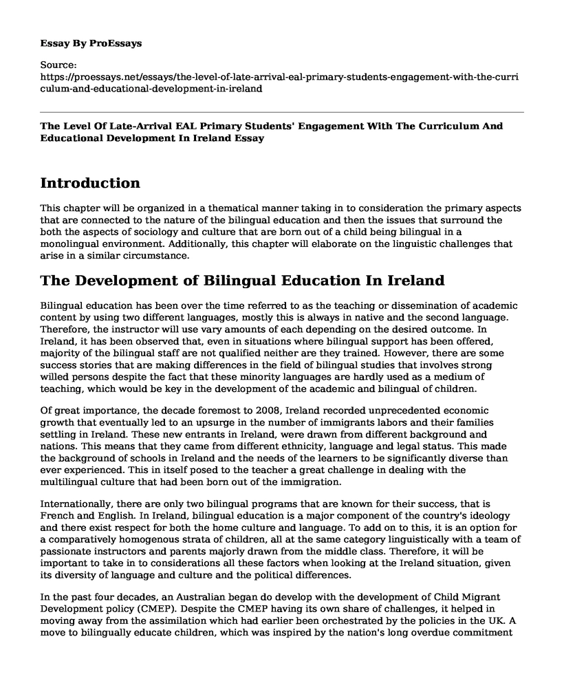 The Level Of Late-Arrival EAL Primary Students' Engagement With The Curriculum And Educational Development In Ireland