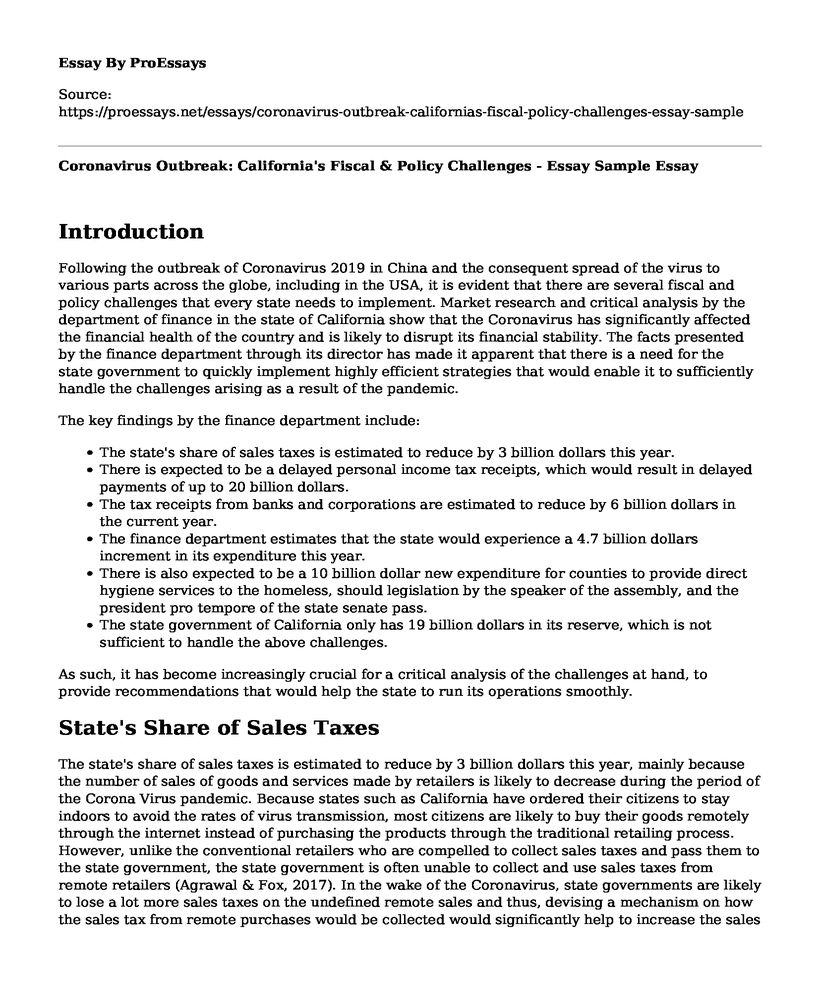 Coronavirus Outbreak: California's Fiscal & Policy Challenges - Essay Sample