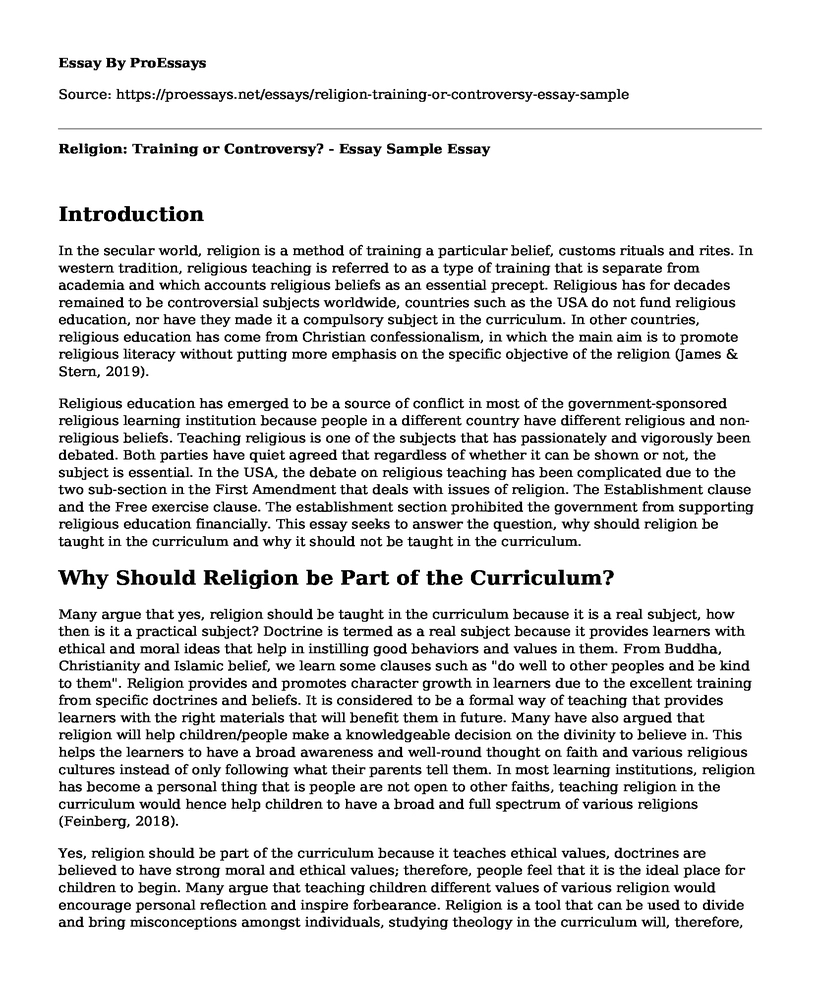 Religion: Training or Controversy? - Essay Sample