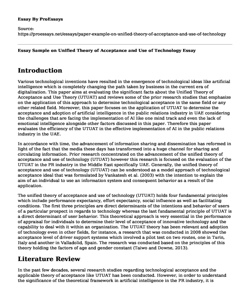 Essay Sample on Unified Theory of Acceptance and Use of Technology
