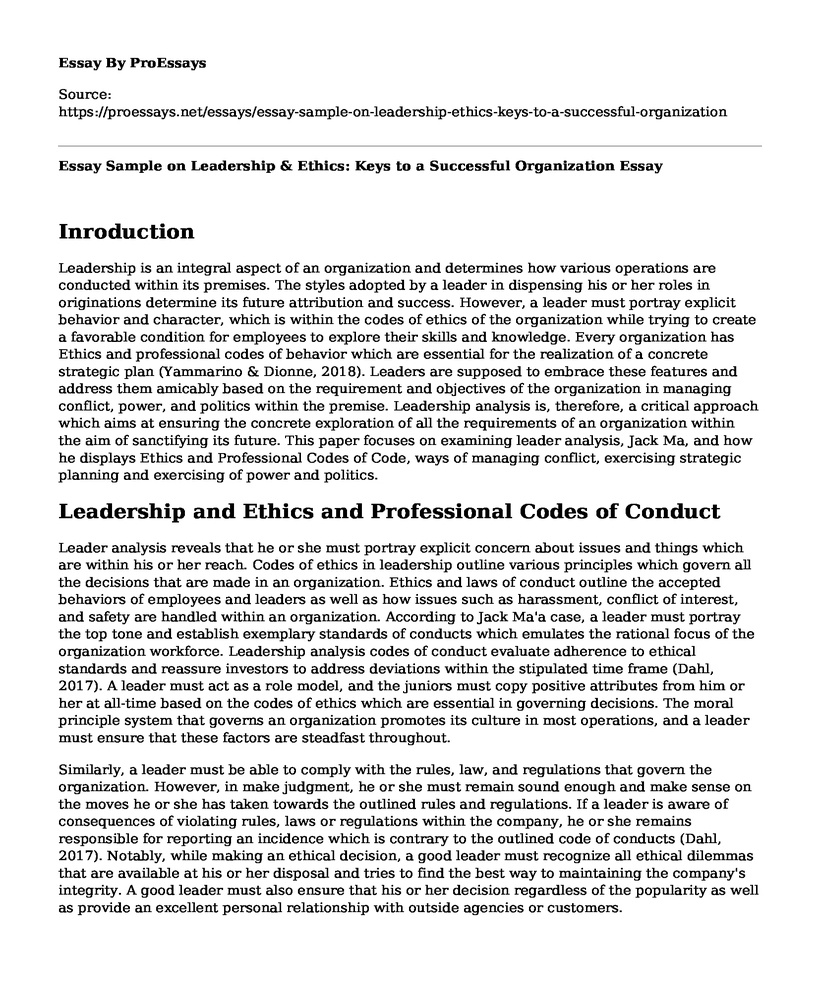 Essay Sample on Leadership & Ethics: Keys to a Successful Organization