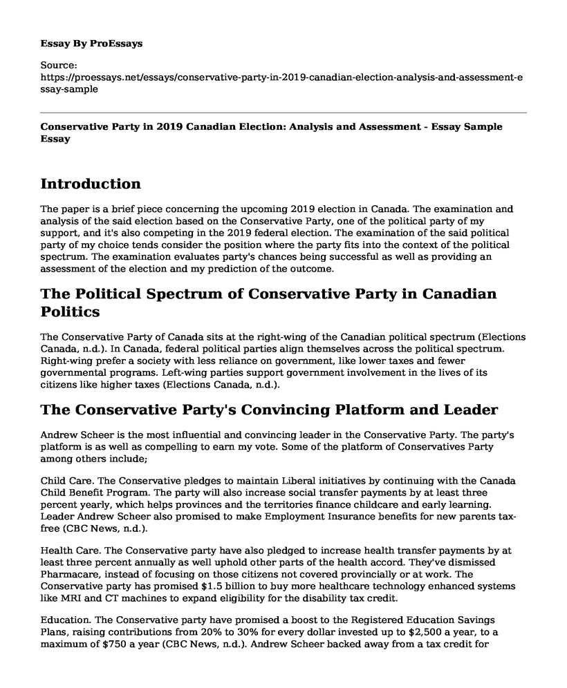 Conservative Party in 2019 Canadian Election: Analysis and Assessment - Essay Sample