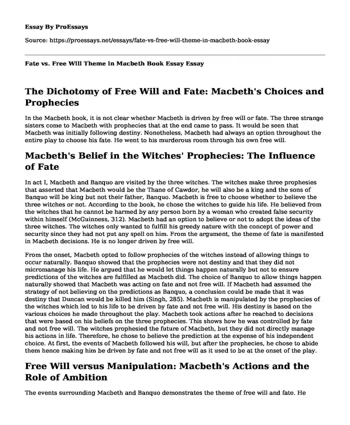 Fate vs. Free Will Theme in Macbeth Book Essay