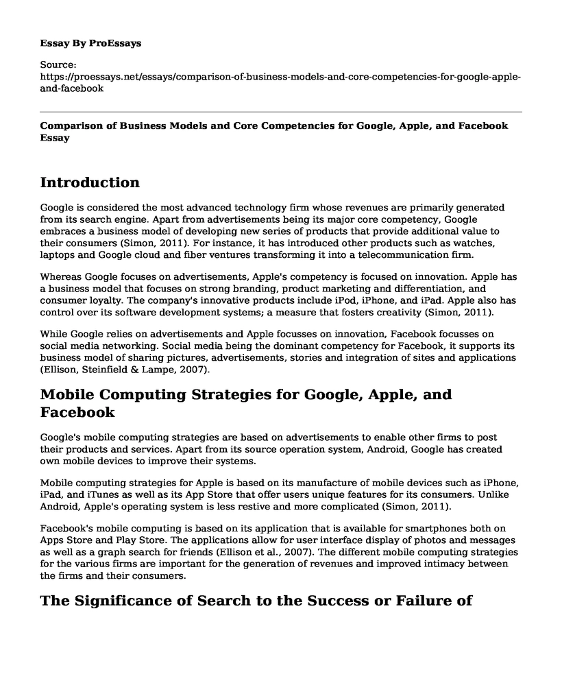 Comparison of Business Models and Core Competencies for Google, Apple, and Facebook