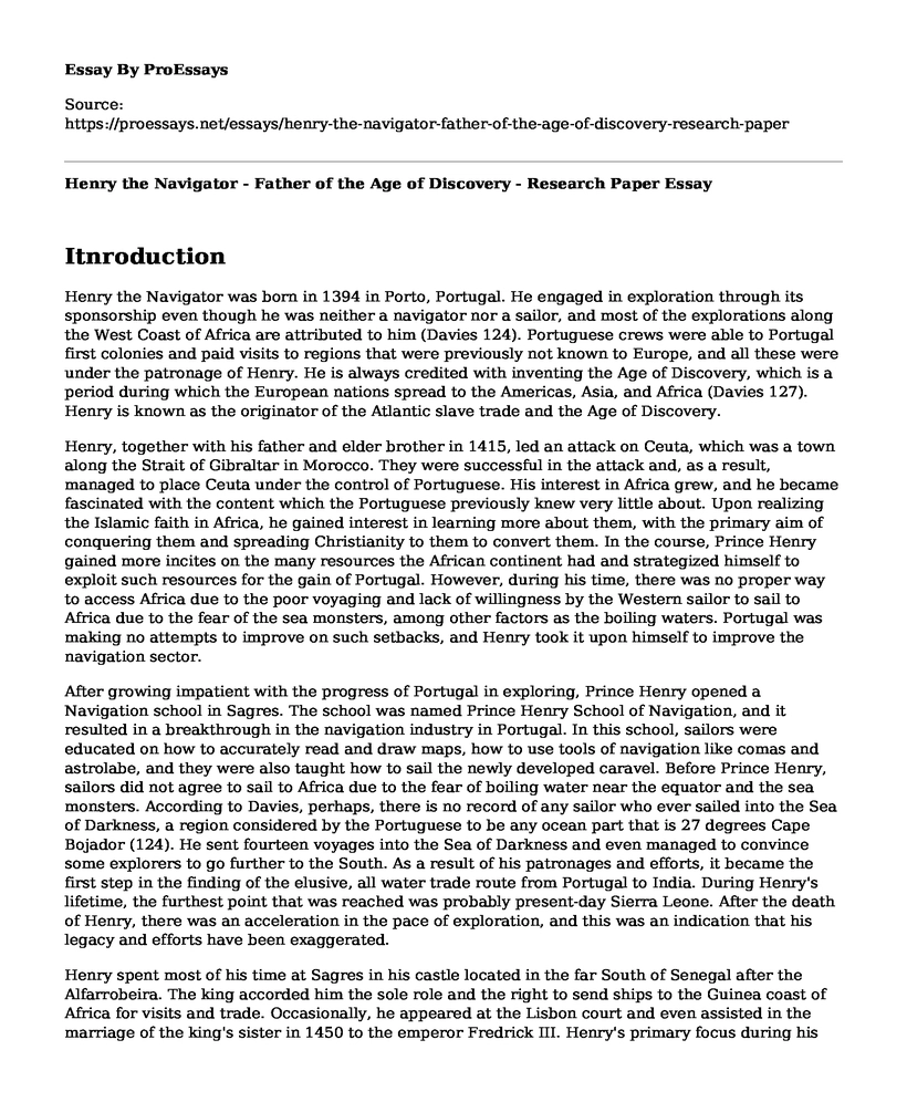 Henry the Navigator - Father of the Age of Discovery - Research Paper