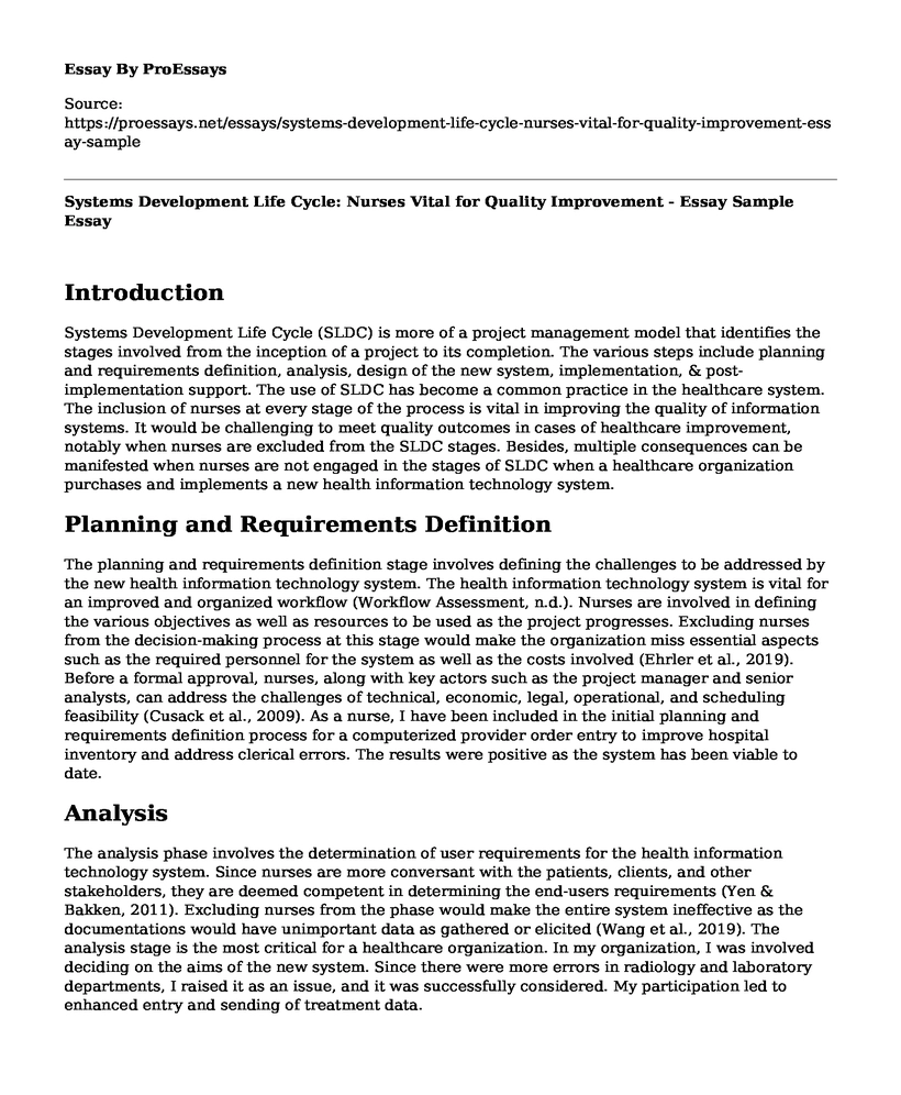 Systems Development Life Cycle: Nurses Vital for Quality Improvement - Essay Sample