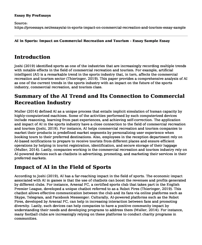 AI in Sports: Impact on Commercial Recreation and Tourism - Essay Sample