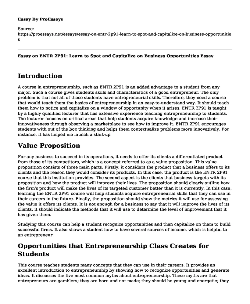 Essay on ENTR 2P91: Learn to Spot and Capitalize on Business Opportunities