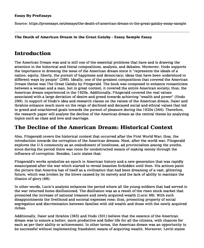 The Death of American Dream in the Great Gatsby - Essay Sample