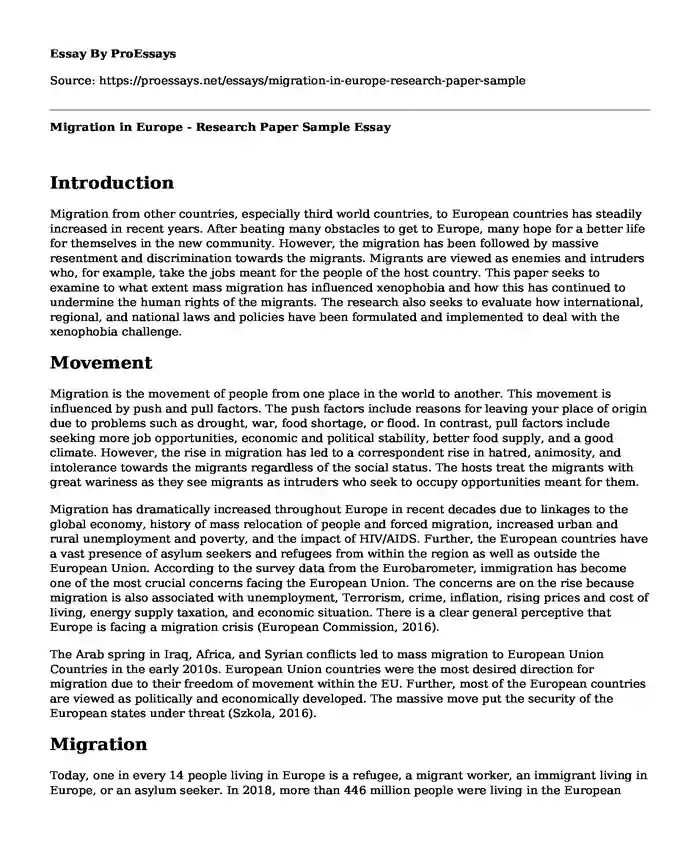 Migration in Europe - Research Paper Sample