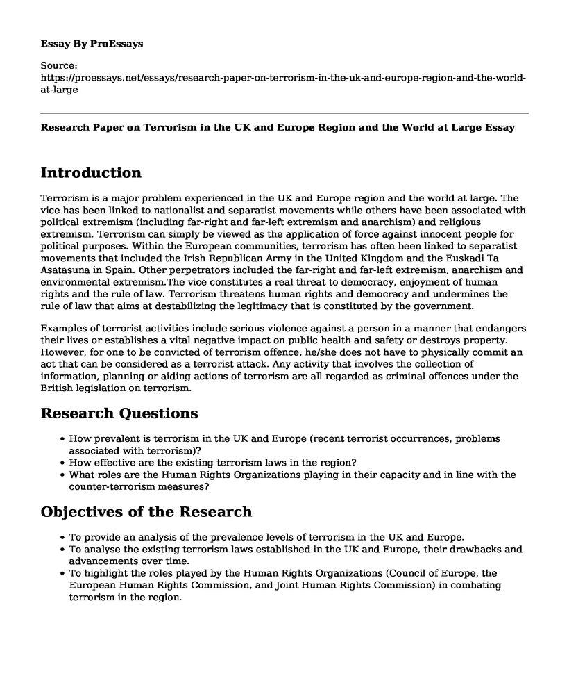 Research Paper on Terrorism in the UK and Europe Region and the World at Large