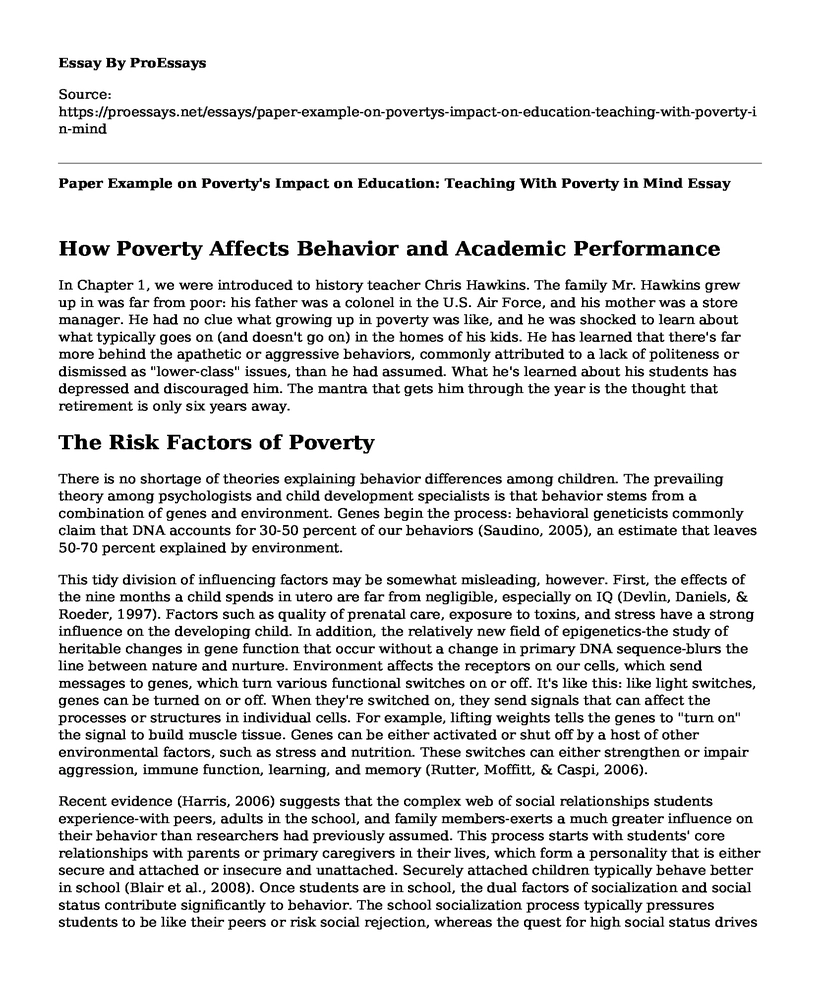 Paper Example on Poverty's Impact on Education: Teaching With Poverty in Mind