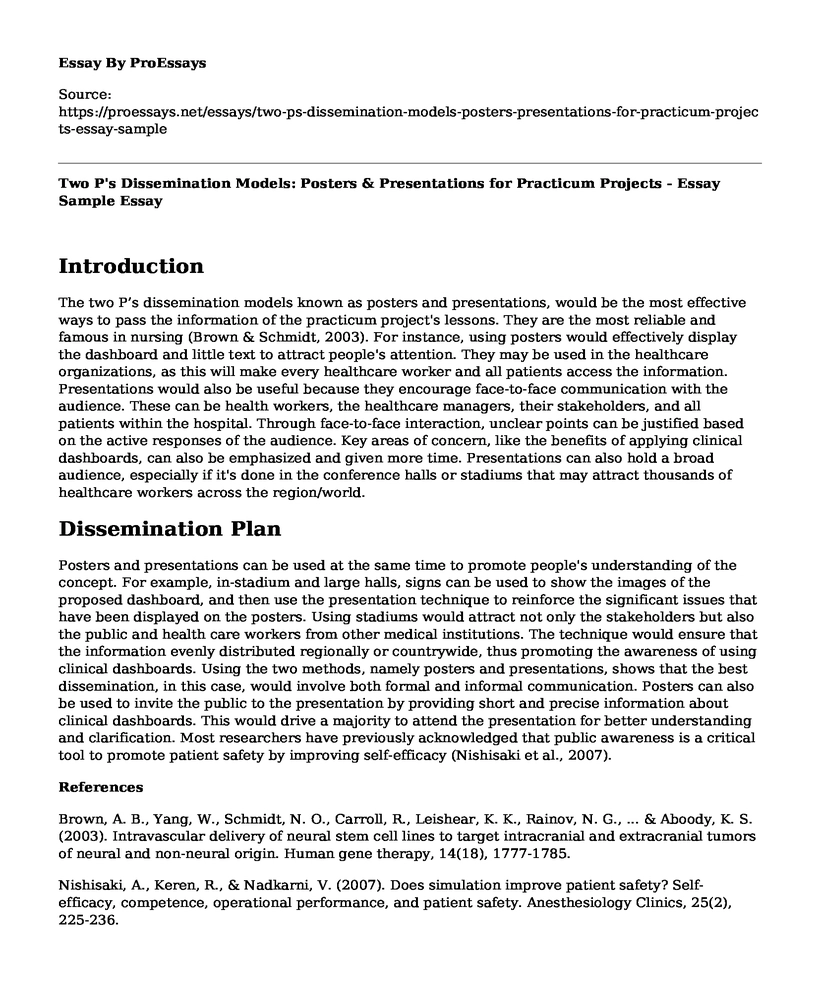 Two P's Dissemination Models: Posters & Presentations for Practicum Projects - Essay Sample