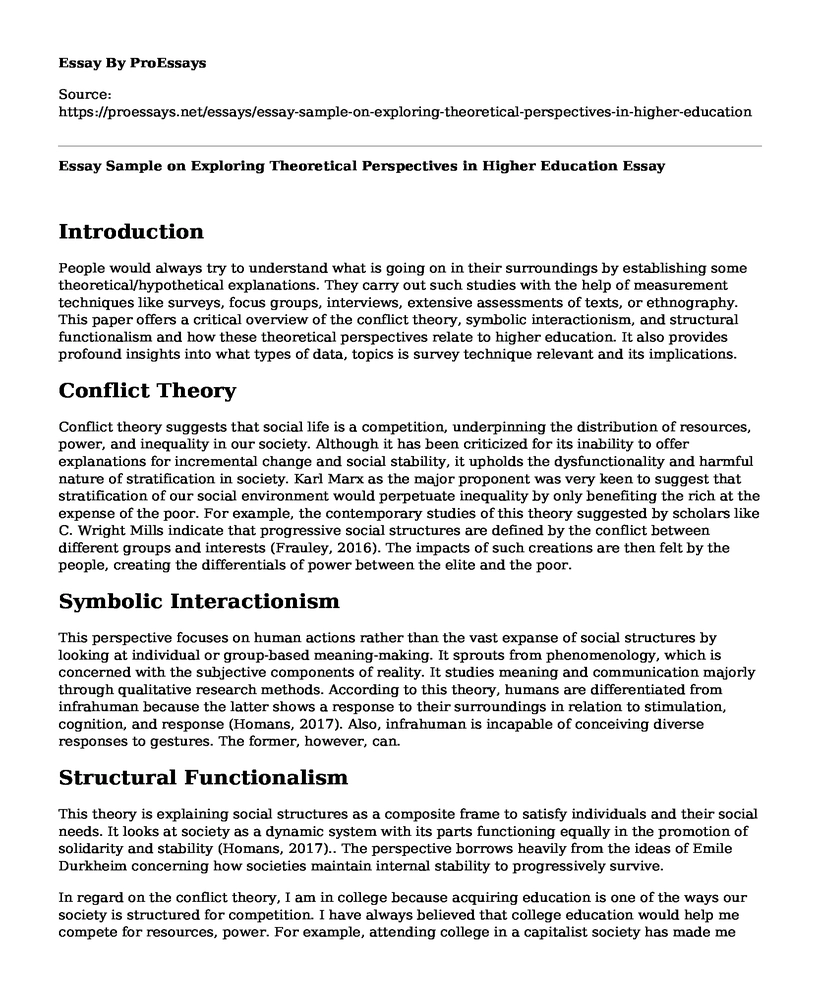 Essay Sample on Exploring Theoretical Perspectives in Higher Education