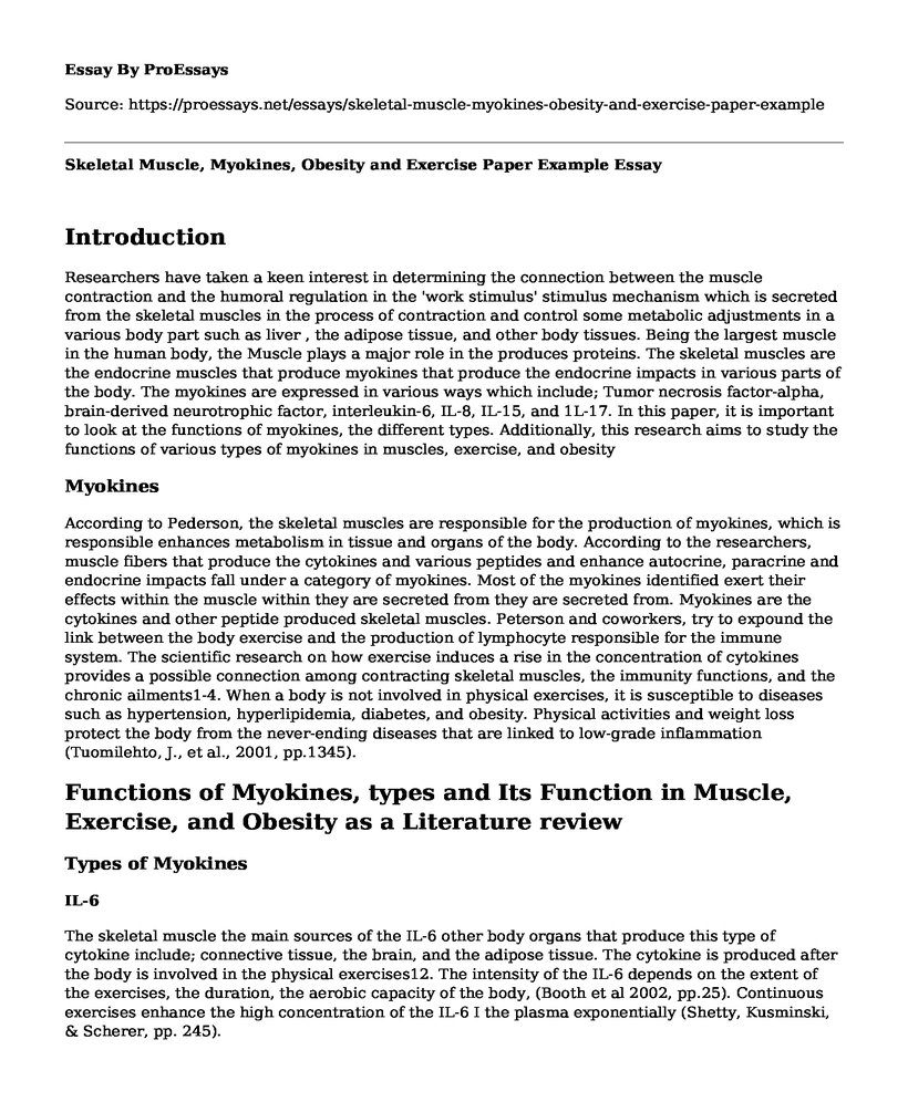 Skeletal Muscle, Myokines, Obesity and Exercise Paper Example